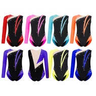 inhzoy Kids Girls Gymnastics Dance Performance Costume Round Neck Shiny Rhinestones Color Block Asym