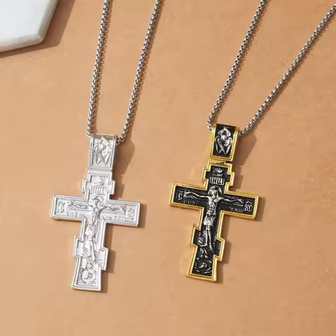 Movie John Wick Jesus Cross Necklace Crucifix Eastern Orthodox Prayer Big Pendant For Men Women Jewe