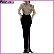 Women Glitter Dress Round Neck Sleeveless High Waist Lady Sequins Split Long Dress Evening Party Gow