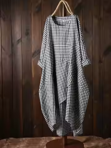 Black and white checkered irregular large hem dress, women's loose artistic style long skirt