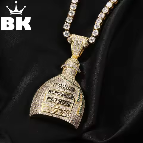 THE BLING KING Tequila Patron Bottle Pendant Necklace For Men Micro Paved Cubic Zirconia Charm Chain