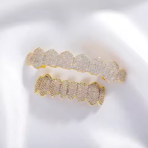 Custom Style Grillz Teeth Cover Sparkling CZ Zircon Gold Plated Hip Hop Tooth Jewelry Fashion Street