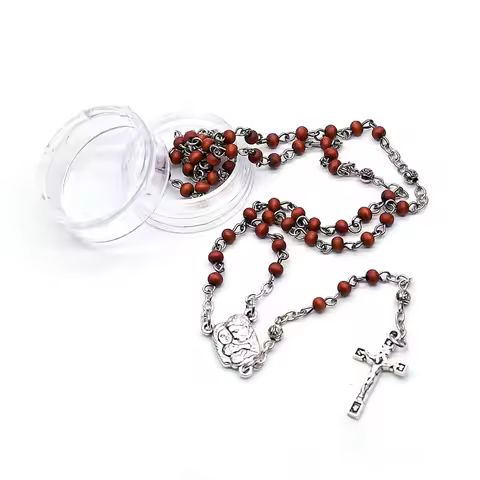 Mini Wooden Beads Rosary Necklace Cross With Box Brown Catholic Pray Jewelry