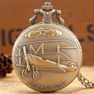 Retro Fokker Dr.1 Airplane Pattern Men Women Quartz Analog Pocket Watch Necklace Chain
