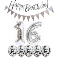 2 Balloons Number 16 + Happy Birthday Garland + Silver Banner foil Balloon 16th Birthday Decoration+
