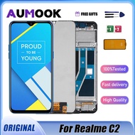 AUMOOK 6.1 "จอแอลซีดีพร้อมกรอบดั้งเดิมสำหรับ Realme C2หน้าจออะไหล่สัมผัสทำให้เป็นดิจิทัลประกอบ RMX1941 RMX1945 RMX194