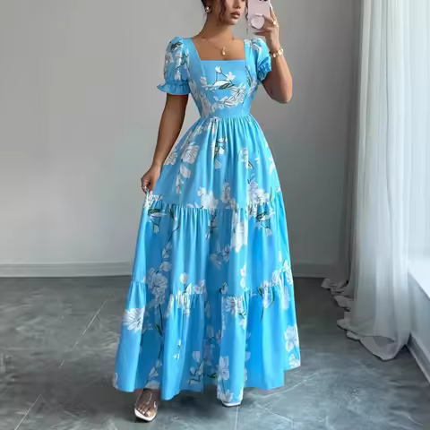 Square Neck Puff Sleeve Floral Print Tiered Maxi Dress High Waist Flowy Swing Long Dress For Vacatio