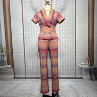 (S)  Love lady 🔥🔥SET 2 ชิ้น เสื้อคอปกทรงสูท+กางเกงขายาว ผ้าไทย ลายไทย  สีชมพูส้ม ชุดไทยประยุกต์ ชุดเ