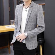 Fashion Blue Plaid Man Suits And Blazers Thin Slim Fit Jacket For Men Korean Style Clothes Clothing 