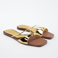 Zara2022 Summer Women's Shoes Golden Knotted Flat Strap Slippers Women's Outer Wear Flat Sandals Flat Heel Sandals