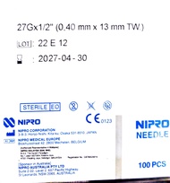 NIPRO MEDICAL NEEDLE 27G X 1/2 INCH 13MM 100S - EXPIRY 2029