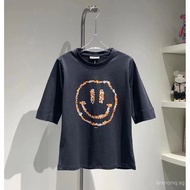 Original Standard Unique Black Gray m Slow Hand！Ganni 2022New Smiley Face Pattern Letter Print Loose