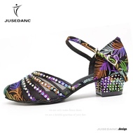 【High-quality】 Dance Shoes Girl Jazz Shoes Dance Ballroom Shoes Latin Dance Shoes Woman Low Heel Leaf Design Jusedanc