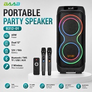 BAAB B212-01 Portable Party Speaker 60W Dual 12" Portable Speaker with 2 Microphones RGB LED Light T