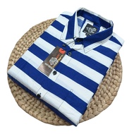 DYB- kemeja motif garis pria wanita lengan pendek dewasa atasan strip putih hem motif full print kat