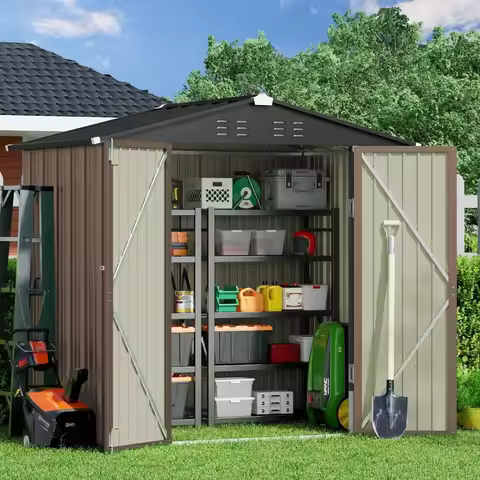 Outdoor Storage Shed 6 x 4 FT, Galvanized Metal Garden Shed with Double Lockable Doors, Outdoor Stor