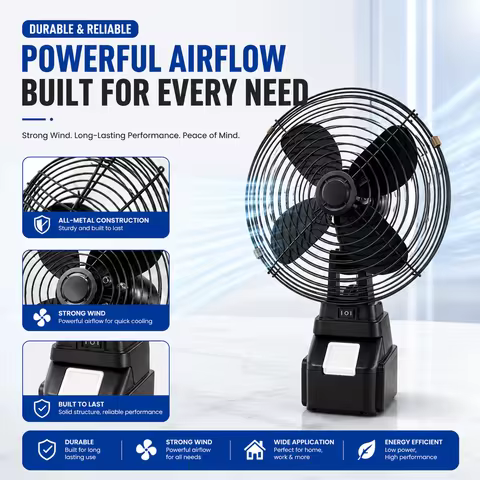 8-inch 2-speed metal fan (Milwaukee/DeWalt battery compatible) – suitable for outdoor camping, job s