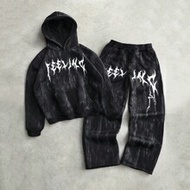 Manfinity Streetrush ชุดเสื้อฮู้ดมีซับในกันความร้อนสีดำซีดและกางเกงขายาวสำหรับผู้ชาย สไตล์สตรีทอินเท