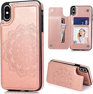 KRHGEIK Designed for iPhone X/iPhone Xs Case with Card Holder,PU Leather Mandala Emboss Flip Cover with Kickstand Credit Card Slots Magnetic Slim Wallet Case for iPhone 10/10S 5.8" (Rose Gold)