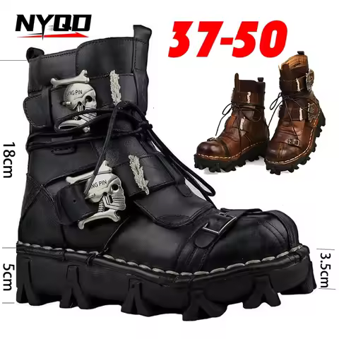 Mens Cowhide Leather Motorcycle Boots Gothic Skull Punk Desert Ankle Boots Men Mid Calf Combat Boots