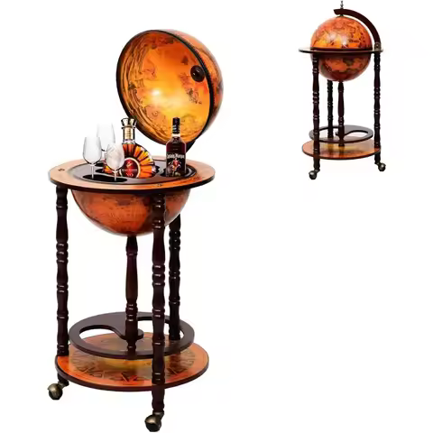 17.5’’ Wood Globe Bar, 16th Century Italian Replica Vintage Bar Cart with Wheels, Wine Cabinet with 