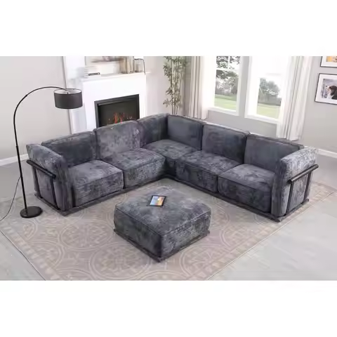 Modular Fabric Sofa Set with Corner Module and Independent Sections, Includes Square Ottomans
