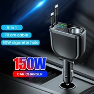 150W Car Charger With 70CM Retractable Dual Type C Cable Fast Charging 6-in-1 Car Phone Charger for 