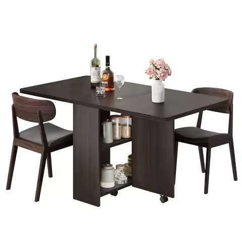 Folding Table Space-Saving Folding Drop Leaf Dining Table with 2-Tier Storage & 6 Lockable Wheels – 