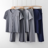 【Ready stock】男士睡衣中老年爸爸睡衣卧床老人开衫套装前开扣老年人开衫短袖Men's pajamas, middle-aged and elderly, father's pajamas, 