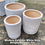 90s Greenovation XTRA Large Modern Cylinder White-Grey Stripes Ceramic Pot 特大时尚圆柱白灰色陶瓷花盆