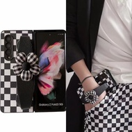 Black Checkerboard Flower Wristband Folding Case Samsung Z Fold4 Fold3 5G Phone zfold4 zfold3 Shock-Resistant Protective
