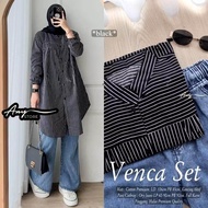 Setelan Tunik Salur Wanita/One Set Wanita Tunik Salur Katun Dan Celana Cubrey Jeans OOTD Muslim Terb