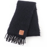 極佳狀態☆ LOEWE馬海毛羊毛圍巾，飾有 anagram 皮革貼片和流蘇，黑色，西班牙製造，正品，女士款。