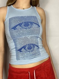 HalloweenMắt In Tank Tops Harajuku Corset Tops Vintage Thời trang dạo phố Không tay Crop Top Phụ nữ