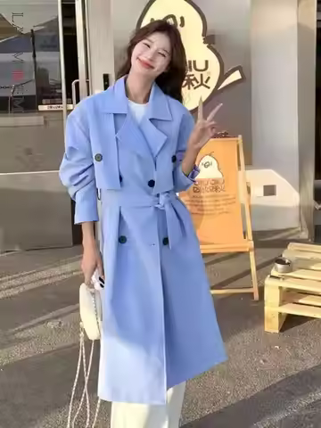 LANMREM Women's Blue Trench Coat New Fashion Lapel Patchwork Belt Double Breasted Mid Length Coats K