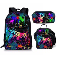 beg sekolah budak lelaki Game Console Student Schoolbag Three-Piece Set Lunch Bag Pencil Case Printe