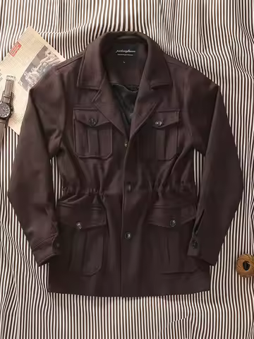 Gentleman's versatile safari jacket Hunting-style coat Coffee-colored wool blend British vintage saf