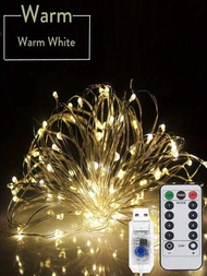 8種模式usb銀線串燈-50/100/200 Led仙女燈,適用於家居、婚禮、節日和假期裝飾-溫暖的白色燈光室內臥室、桌子和房間裝飾-適用於聖誕節等節日