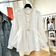 Women Top 2026 New French Stand Collar Rhinestone Inlay Pleated Doll‑Style Sweet Casual Blouse