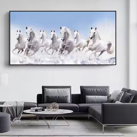 7 White Running Horses Canvas Painting Animal Posters and Prints Wall Art Picture