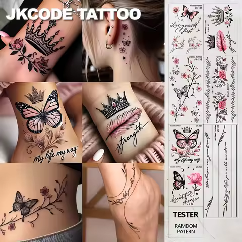 8Pcs Romantic Elegant Style "Pinky Rose Butterfly" Large Size Colorful Daily Temporary Tattoos, Wate