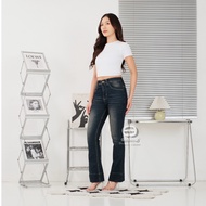 ELNINO - High Waist Cutbray Jeans Wide Fold Stretch Long Flare Pants Vintage BrownWanita