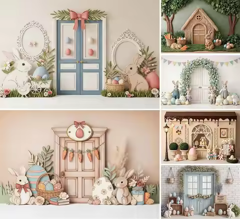 Spring Easter Photography Background Cute Bunny Egg Arch Door Kid Birthday Party Cake Smash Portrait