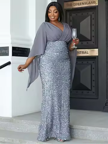 Plus Size V Neck Silver Gray Sequin Wedding Bridesmaid Luxury Evening Dress 4XL 5XL Big Size Hip Cov