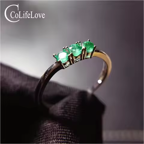 CoLife Jewelry Emerald Ring for Daily Wear 3 Pieces Natural Emerald Silver Ring Solid 925 Silver Eme
