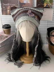 一頂 Y2K 可愛多色貓耳毛球編織帽子，甜美並有趣的蝴蝶、條紋、帽，可愛刺繡編織帽，個性化耳保護帽，修容小毛帽適合女孩