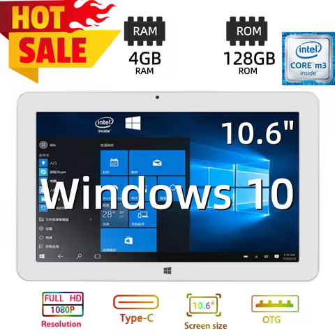 1920x1080 Screen Resolution 10.6 Inch Windows 10 Tablet PC 4GB RAM 128GB ROM CPU Intel Core m3-7Y30 