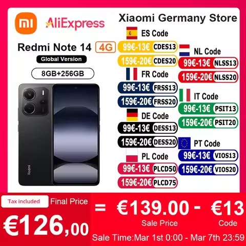 Global Version Xiaomi Redmi Note 14 4G NFC Smartphone MediaTek Helio G99-Ultra 108MP AI Camera 6.67"