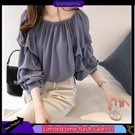 Plus Size M-4XL Women Chiffon Blouse Puff Long Sleeve Ruffle Korean Style Plain Casual Loose Round N