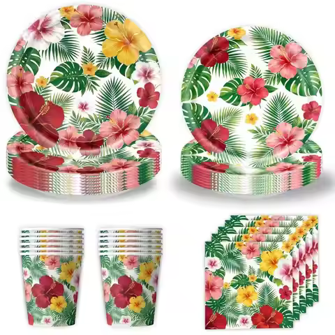 New Hawaii Tableware Set Hawaiian Party Decoration Adults Paper Plates Napkins Tropical Beach Hawaii
